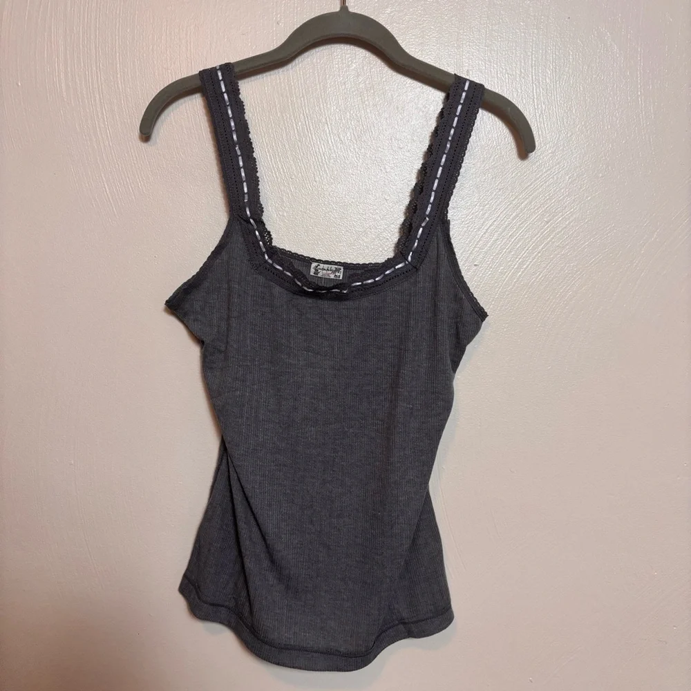 NEW Free People‎ Intimately You Tank Top Lace Trim Cotton Ribbed Gray Large